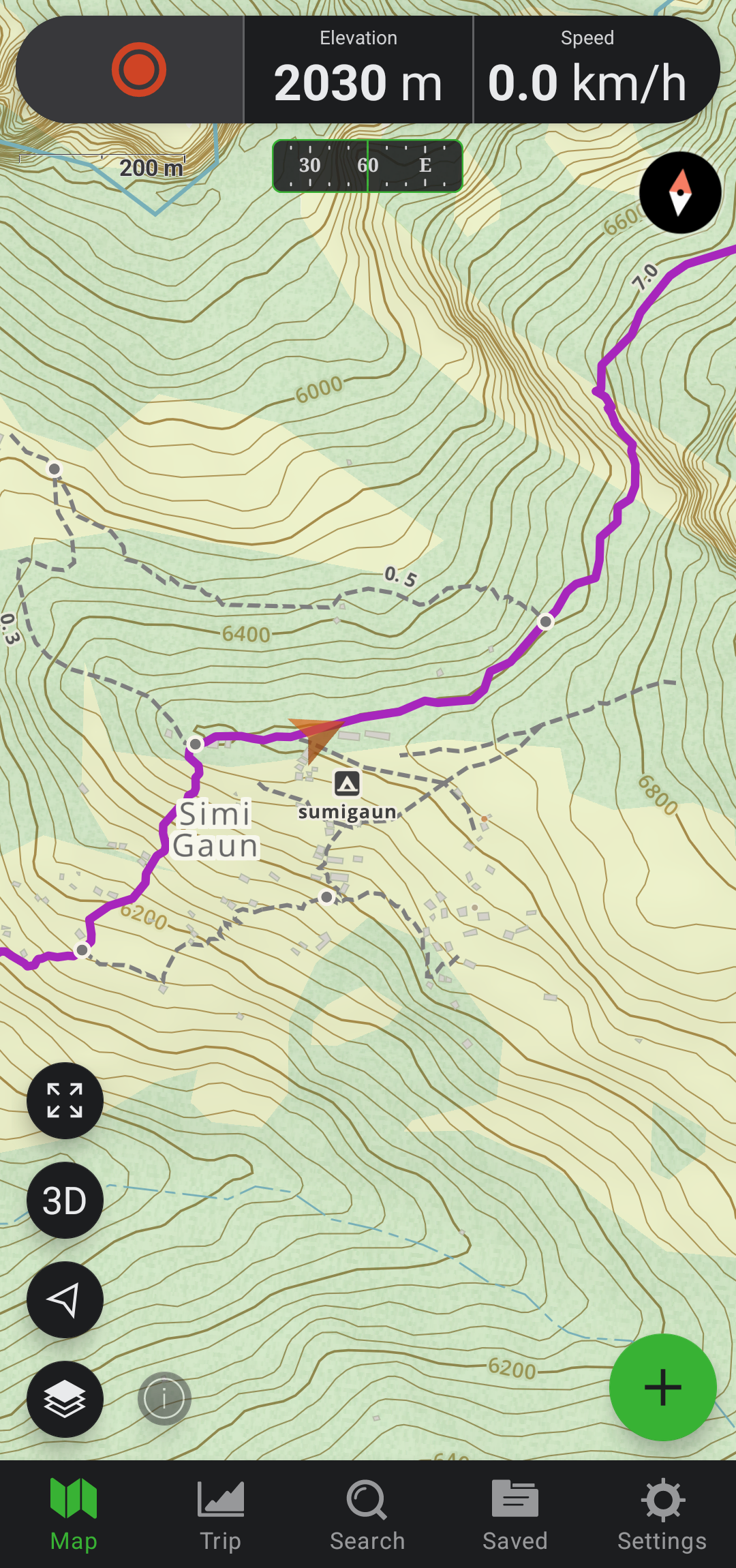 At Mitini Hotel (2030m); screenshot from Gaia GPS app